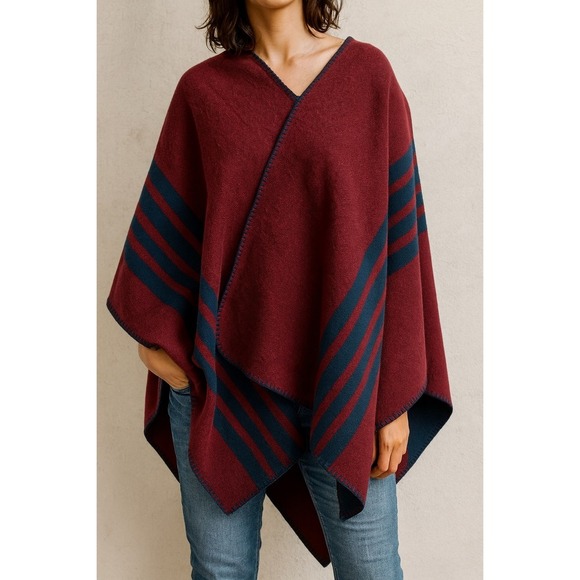 Striped Poncho Wrap Shawl Ruana Cape Burgundy Blue One Size - Picture 1 of 4